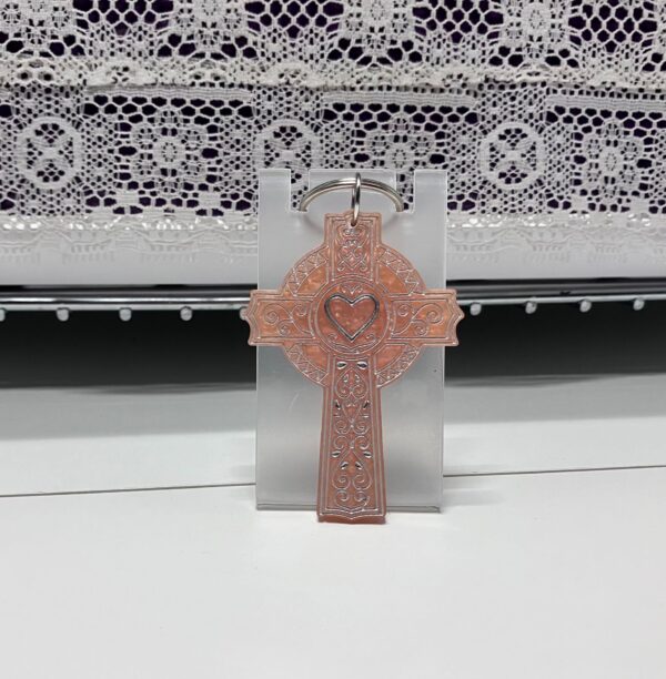 Pinky Peach Resin Embossed Celtic Cross Keychain, 1OAKG