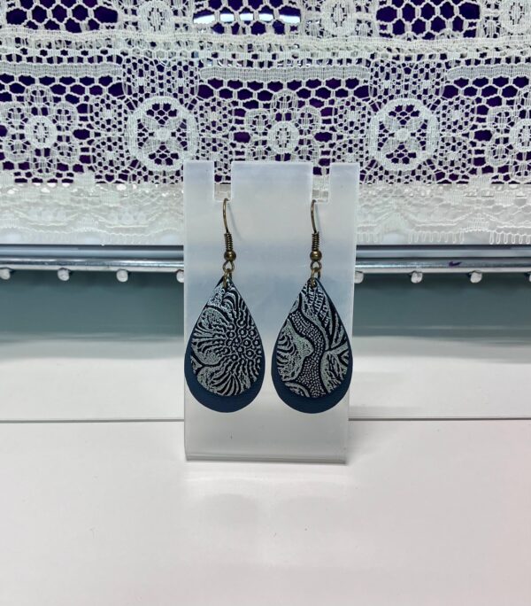 Silvery Embossed and Grey Smooth Faux Leather Double-layered Dangle Earrings, 1OAKG