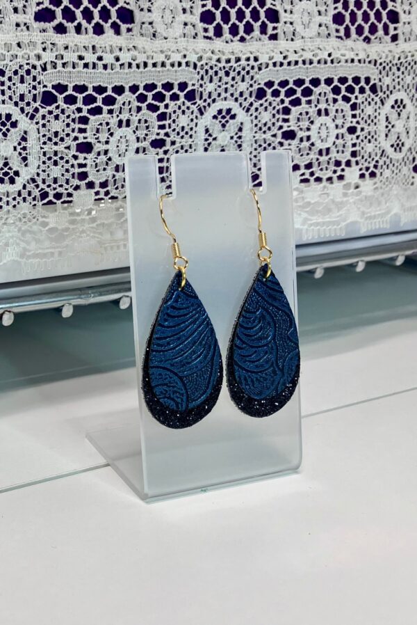 Blue Embossed and Black Glitter Faux Leather Double-layered Dangle Earrings, 1OAKG
