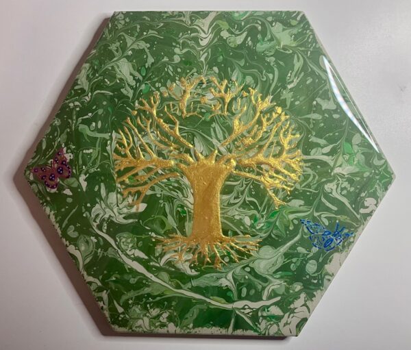 Hexagon Tree of Life Tile Trivet, Abstract Accent Art - 1OAKG
