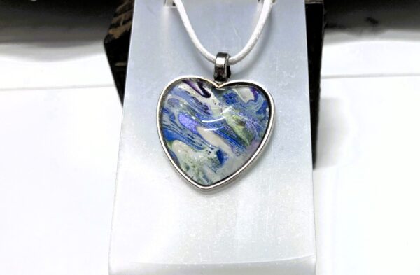 White, Purples, Blues & Green Wearable Fluid Art Pendant Necklace, 1OAKG