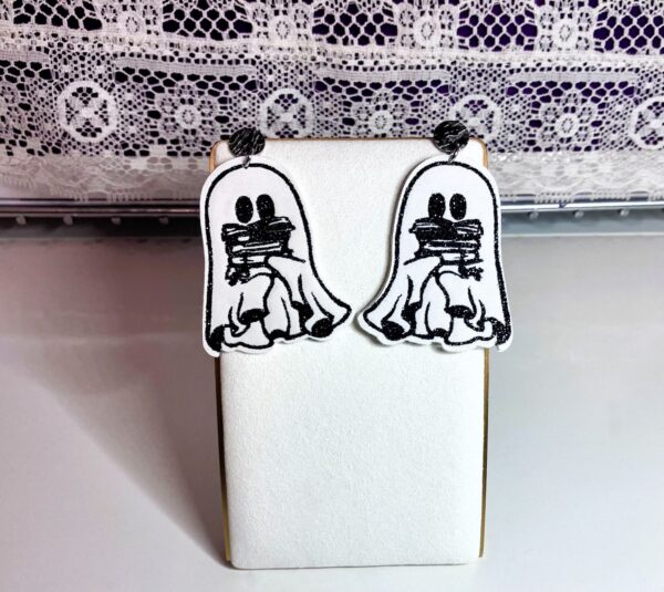 Book Reading Ghost with Textured Silver Post Dangle Earrings, 1OAKG