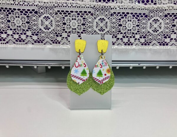 Christmas Bright Green and Assorted Colors FL Curvy Double Layer with Wood Post Dangle Earrings, 1OAKG
