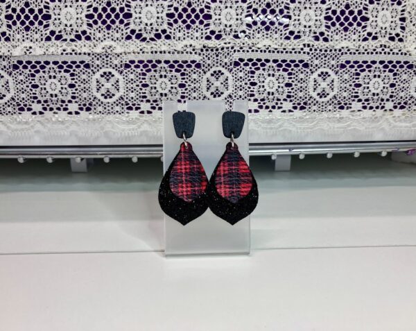 Christmas Red and Black FL Curvy Double Layer with Wood Post Dangle Earrings, 1OAKG