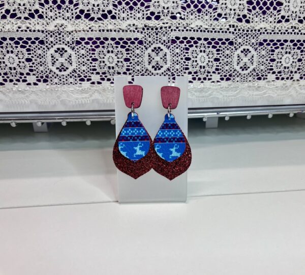 Christmas Red and Blue FL Curvy Double Layer with Wood Post Dangle Earrings, 1OAKG