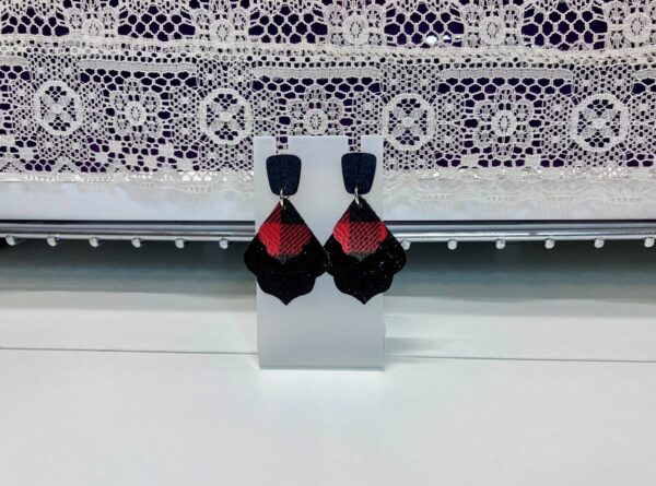 Christmas Black and Red FL Moroccan Curvy Double Layer with Wood Post Dangle Earrings, 1OAKG
