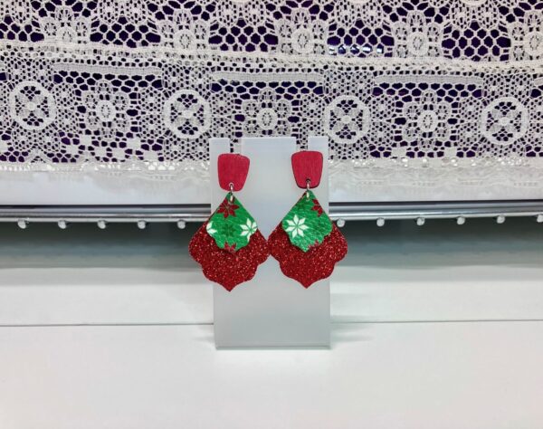 Christmas Red and Green FL Moroccan Curvy Double Layer with Wood Post Dangle Earrings, 1OAKG