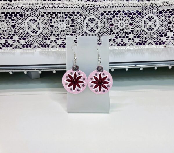 Pink Tree Ornament with Red Starflower and Rhinestone Dangle Earrings, 1OAKG