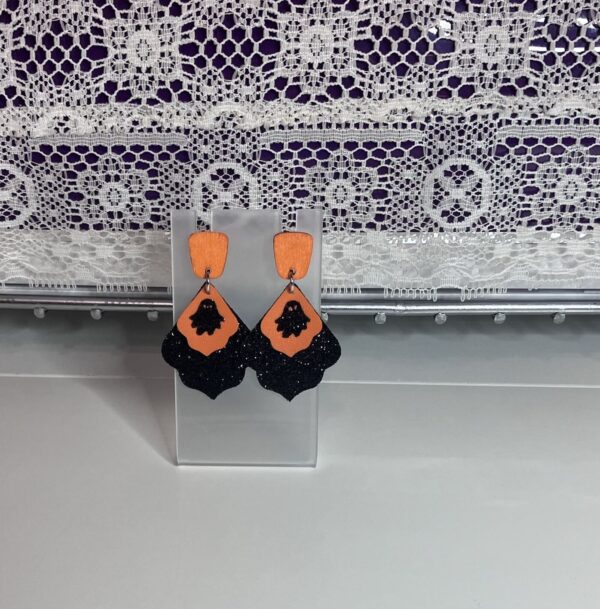 Halloween Black and Orange Ghost FL Moroccan Flare Double Layer with Wood Post Dangle Earrings, 1OAKG