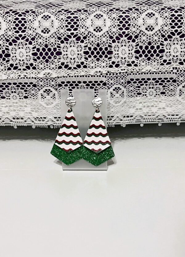 Christmas Green, Red and White FL Diamond Double Layer with Silver Post Dangle Earrings, 1OAKG