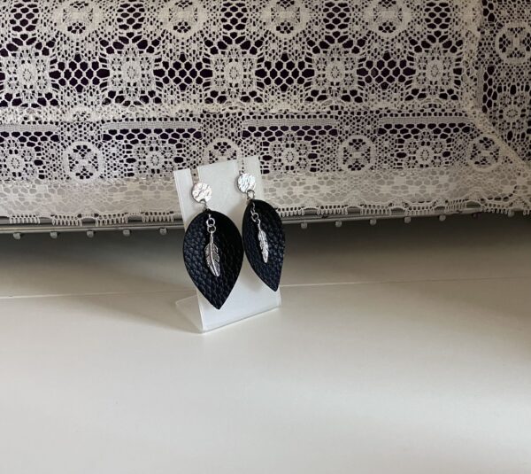 Black Embossed Faux Leather Earrings with Silver Feather Charm Dangle Earrings, 1OAKG