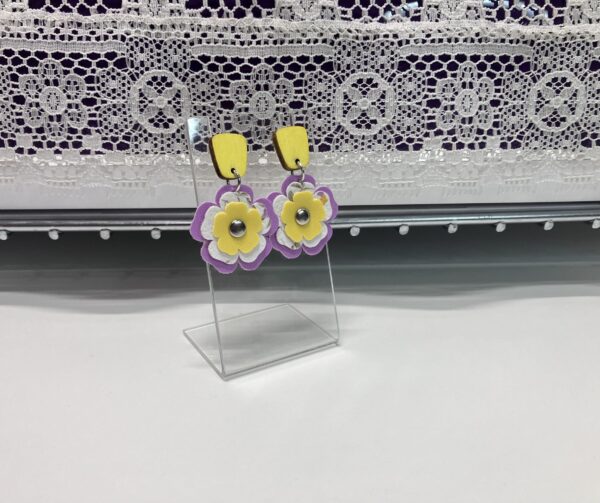 Purple and Yellow Triple-Layered Flower and Wood Post Dangle Earrings, 1OAKG