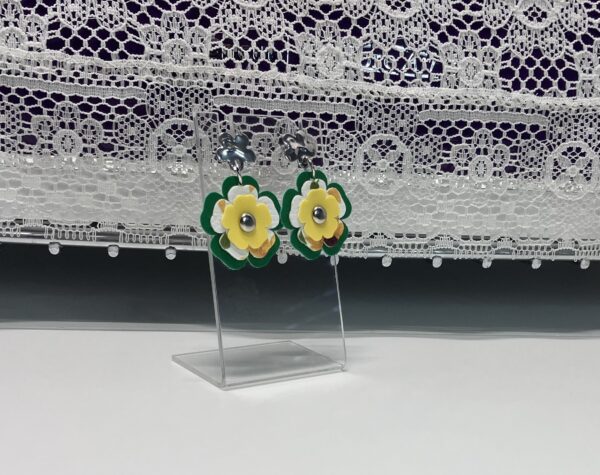 Green, White and Yellow Triple-Layered Flower Dangle Earrings, 1OAKG