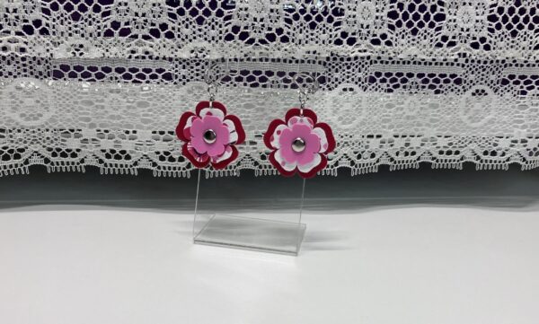 Red, White and Pink Triple-Layered Flower Dangle Earrings, 1OAKG