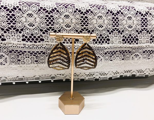 Embossed Brown and Gold Double-leaf Fold-over FL with Gold Post Dangle Earrings, 1OAKG