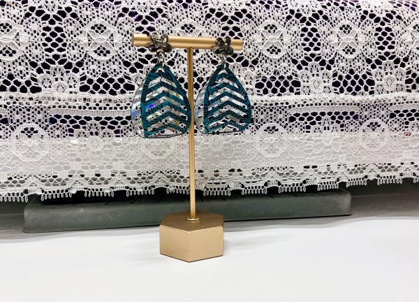 Embossed Teal Green and Silver U-Leaf FL Post Dangle Earrings, 1OAKG